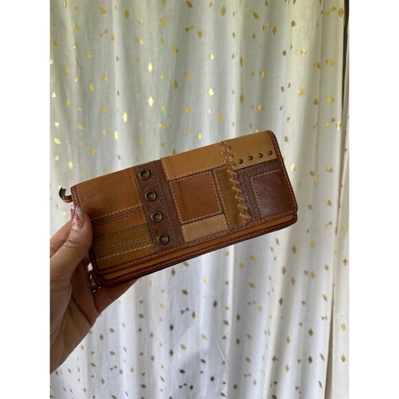 Fossil Mix Media Stud Embellished Leather Suede Patchwork Dual Bi-Fold Wallet - Picture 2 of 11